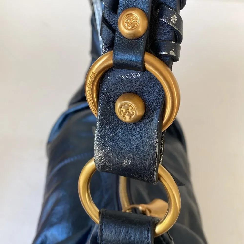 Francisco Biasia Elegant Navy Leather Hobo Bag Gold Tone Hardware Made in Italy